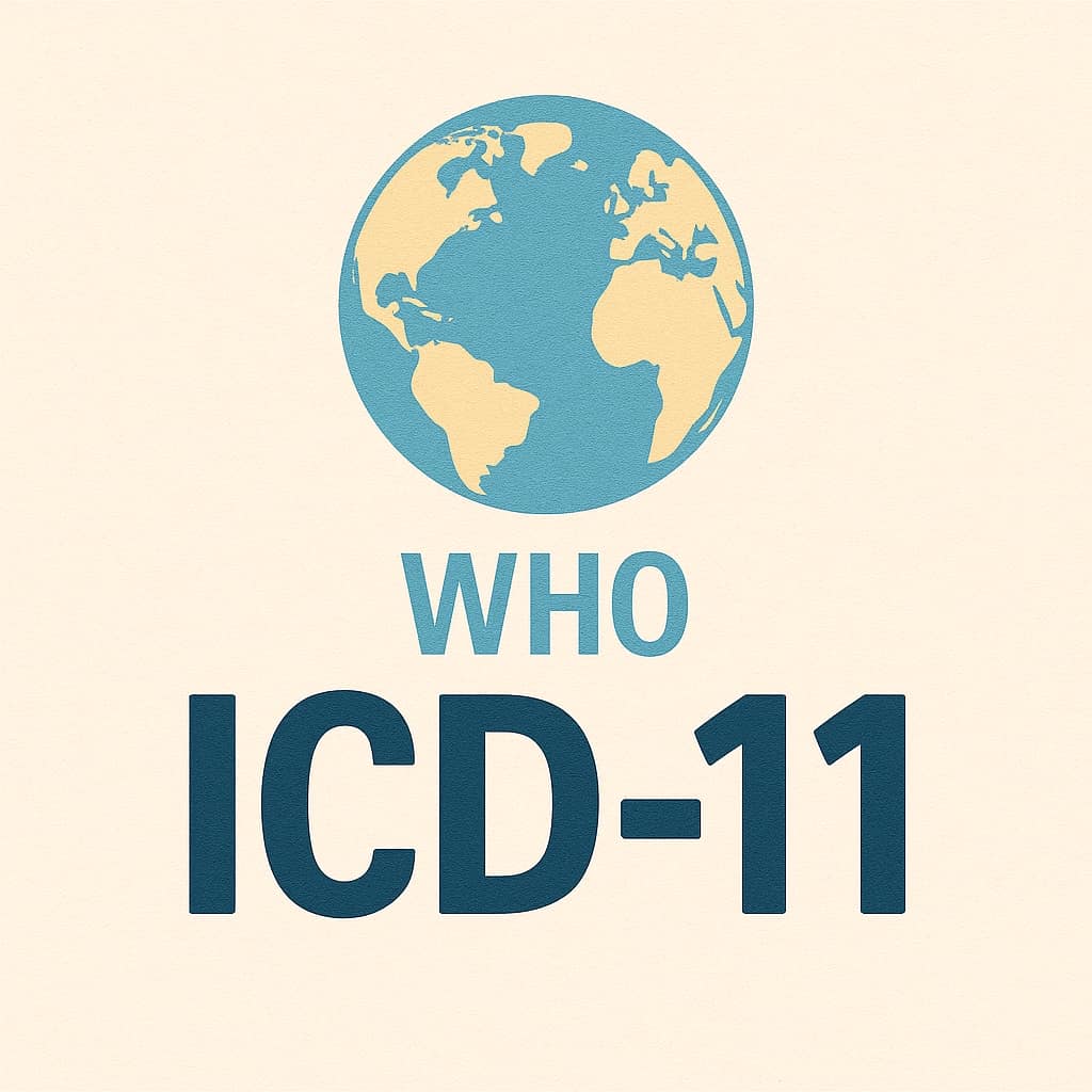 Illustration af WHO ICD-11 tekst med et stiliseret globusikon i blå og beige farver på lys baggrund, der symboliserer Verdenssundhedsorganisationens internationale sygdomsklassifikation.