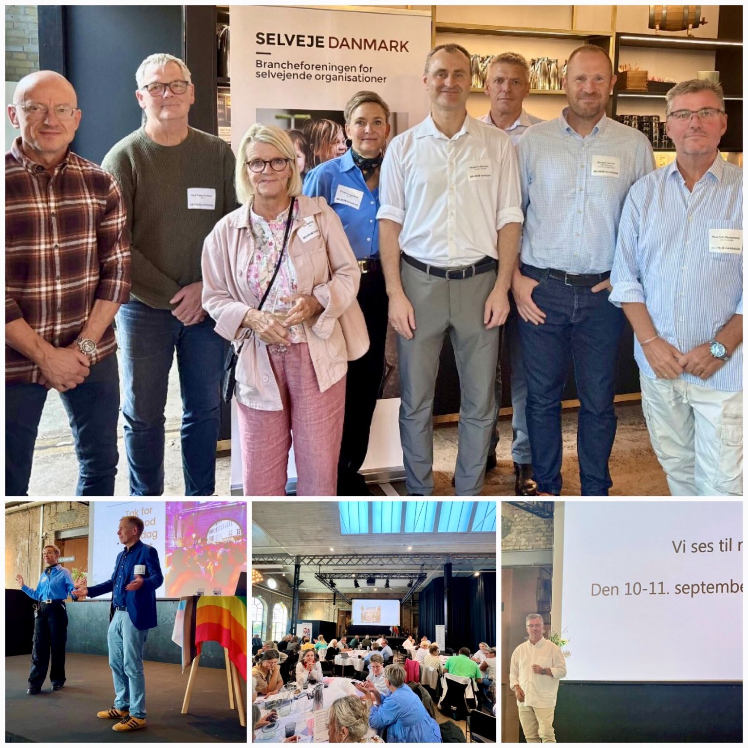 Deltagere fra Center for Autisme til konference arrangeret af Selveje Danmark. Billederne viser oplæg, netværk og faglig udveksling i et stort konference-lokale.