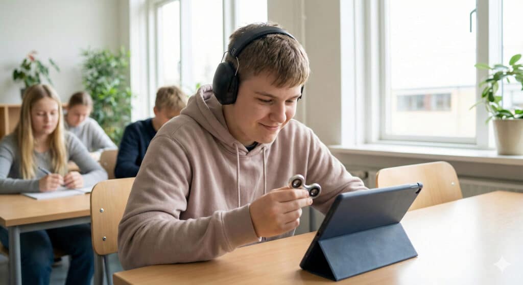 Elev med autisme arbejder ved computer. Han har høreværn på fordi hans sanser er forstærkede af hans autisme. I hånden har han en fidget spinner, som hjælper ham med at holde ro.