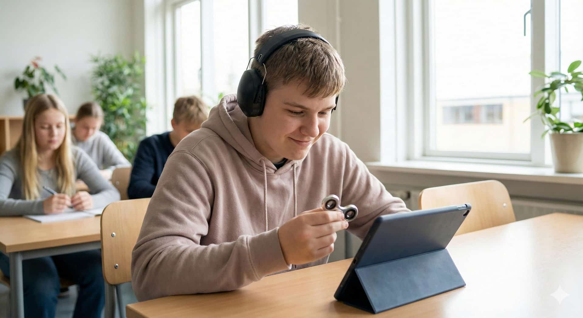 Elev med autisme arbejder ved computer. Han har høreværn på fordi hans sanser er forstærkede af hans autisme. I hånden har han en fidget spinner, som hjælper ham med at holde ro.